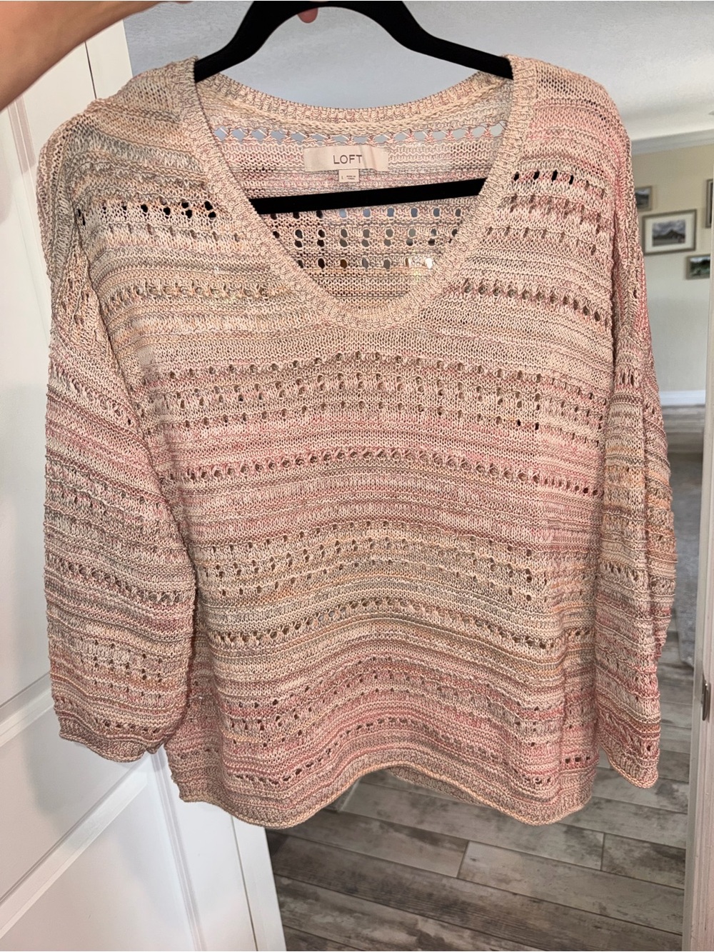 LOFT Blush and Cream Open-Knit Scoop Neck Sweater